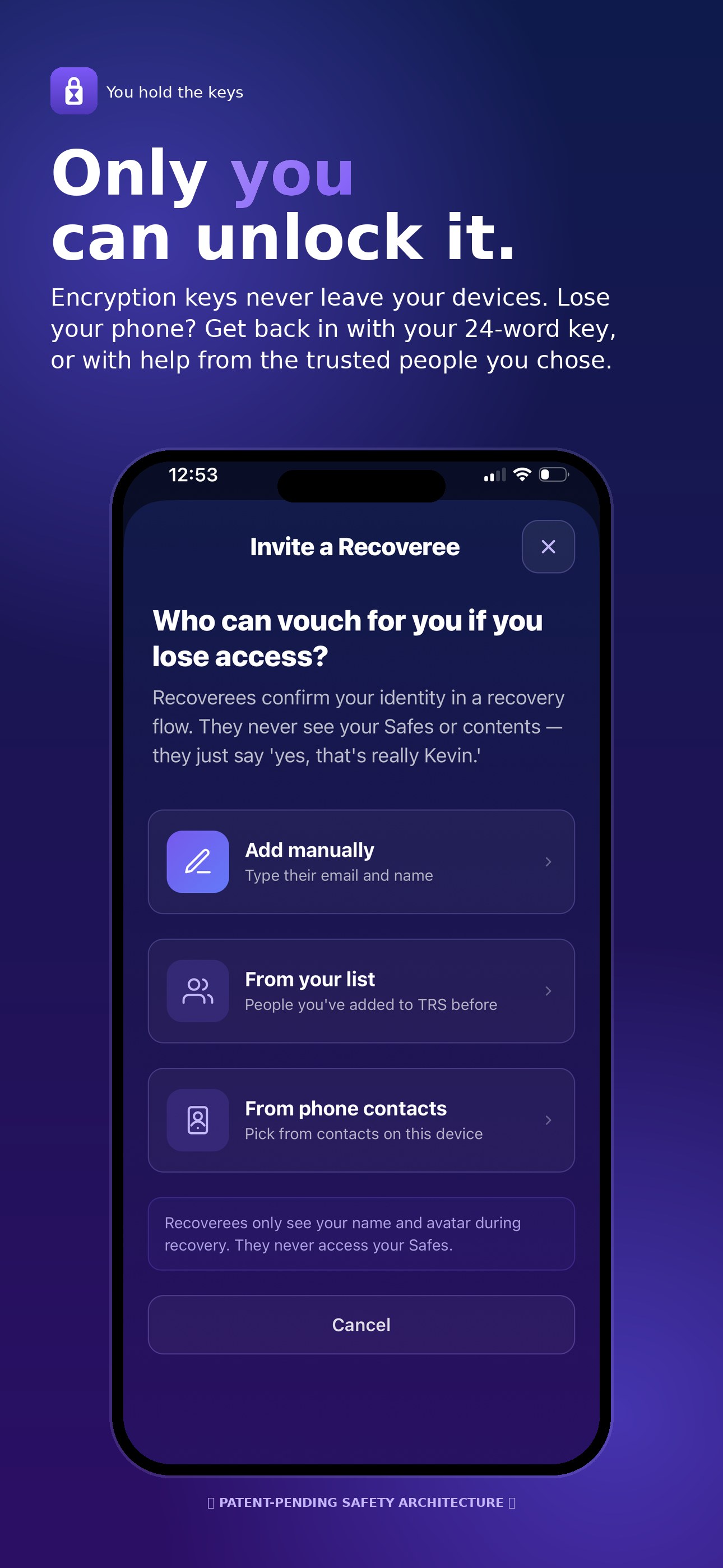 App screenshot — you hold the keys