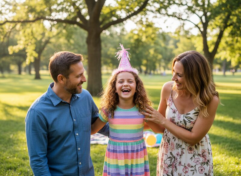 Sarah laughing with her parents at a park birthday, wearing a party hat