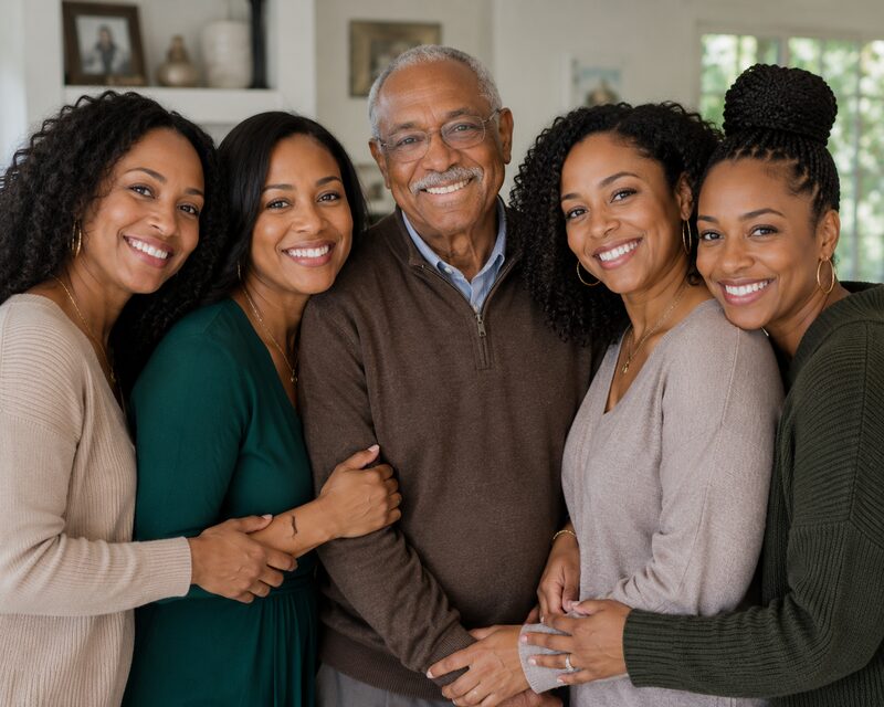 A family of four daughters with their parents, smiling together