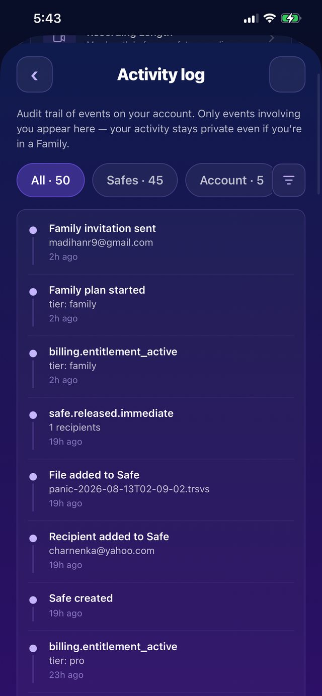 The Activity Log screen showing an audit trail of account events