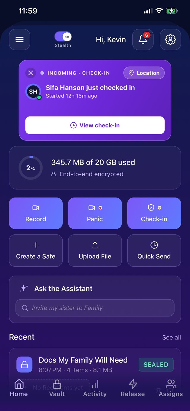 A recipient home screen showing the incoming Check-in card with View check-in and Location