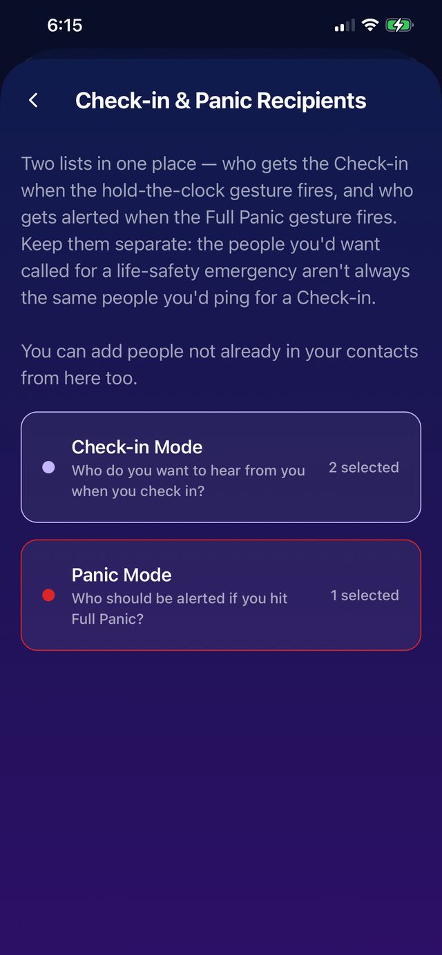 Check-in and Panic recipients screen with the two mode cards