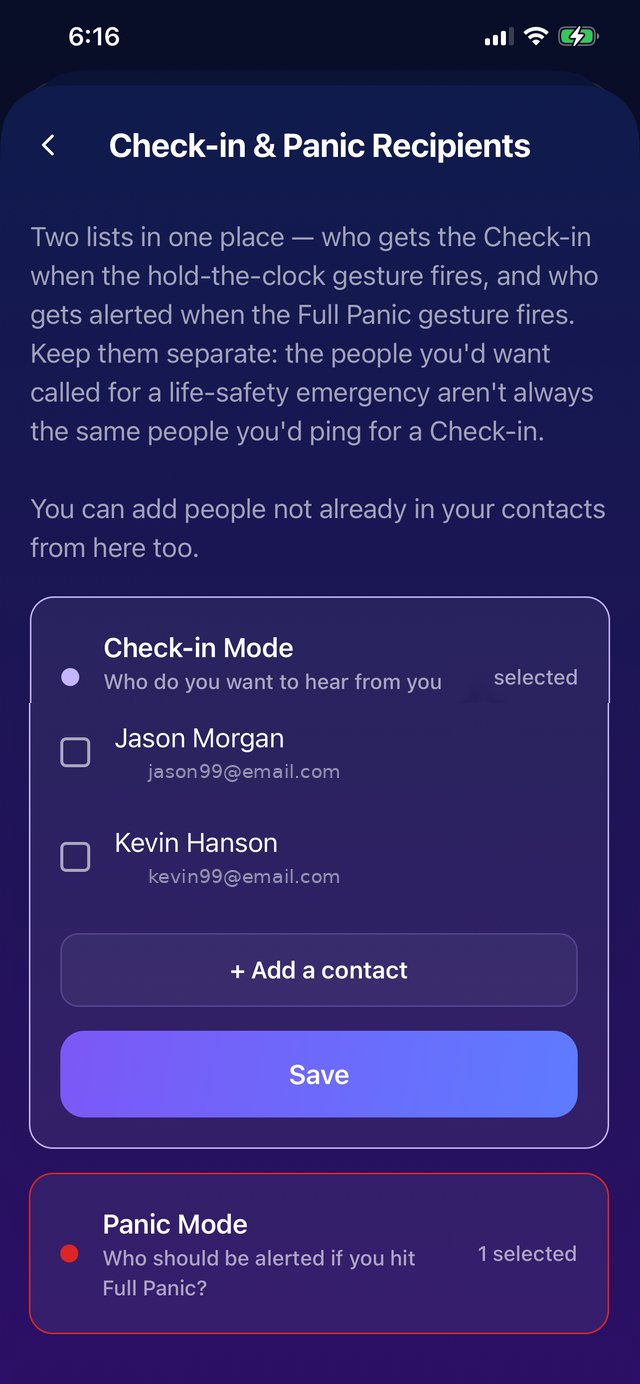 Check-in mode expanded showing selectable contacts