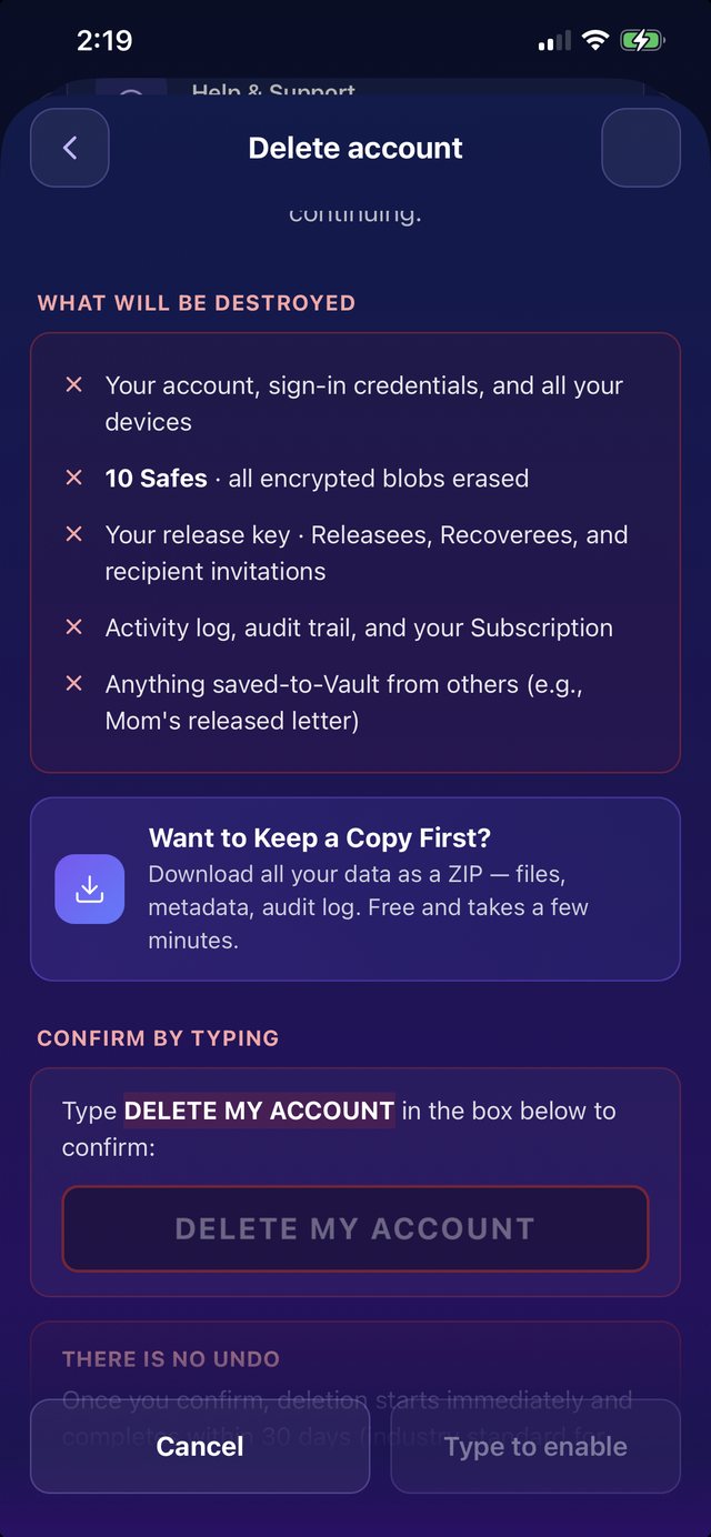 The Delete account screen listing what will be destroyed, the export-a-copy option, and the type-to-confirm box