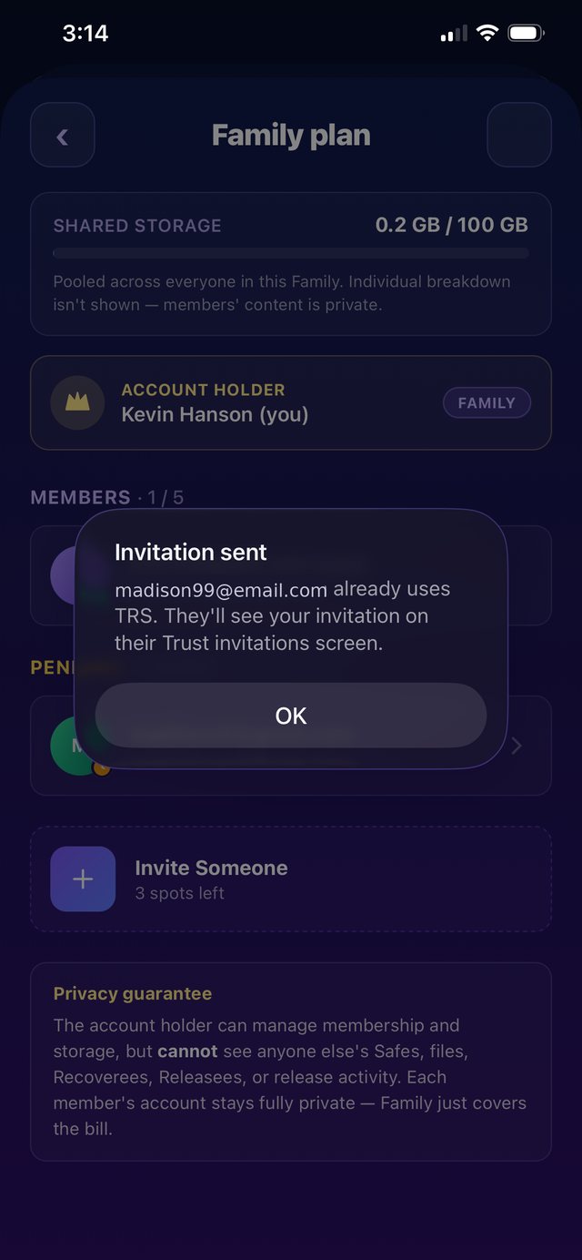 Invitation sent confirmation for a family member who already uses TRS