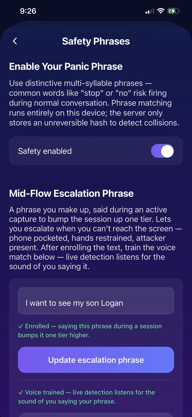 Safety Phrases screen showing Panic Phrase enabled and the Mid-Flow Escalation Phrase setup