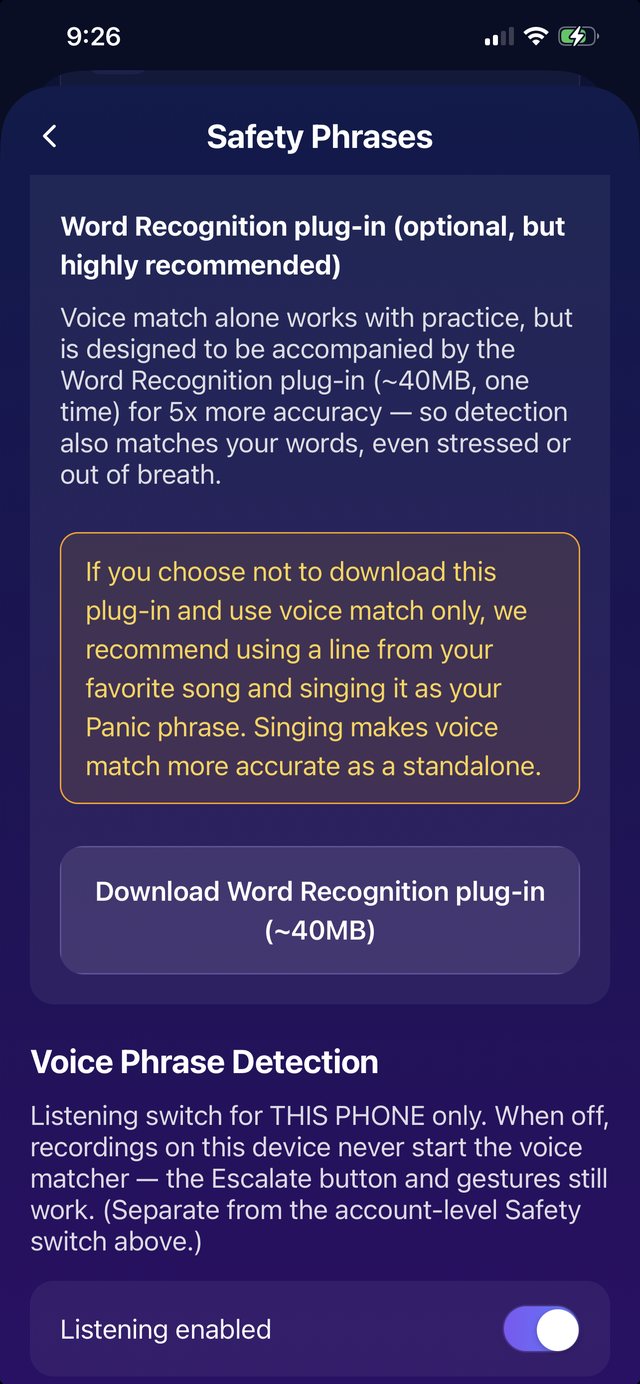 Safety Phrases screen showing the Word Recognition plug-in download and the per-device Voice Phrase Detection listening switch