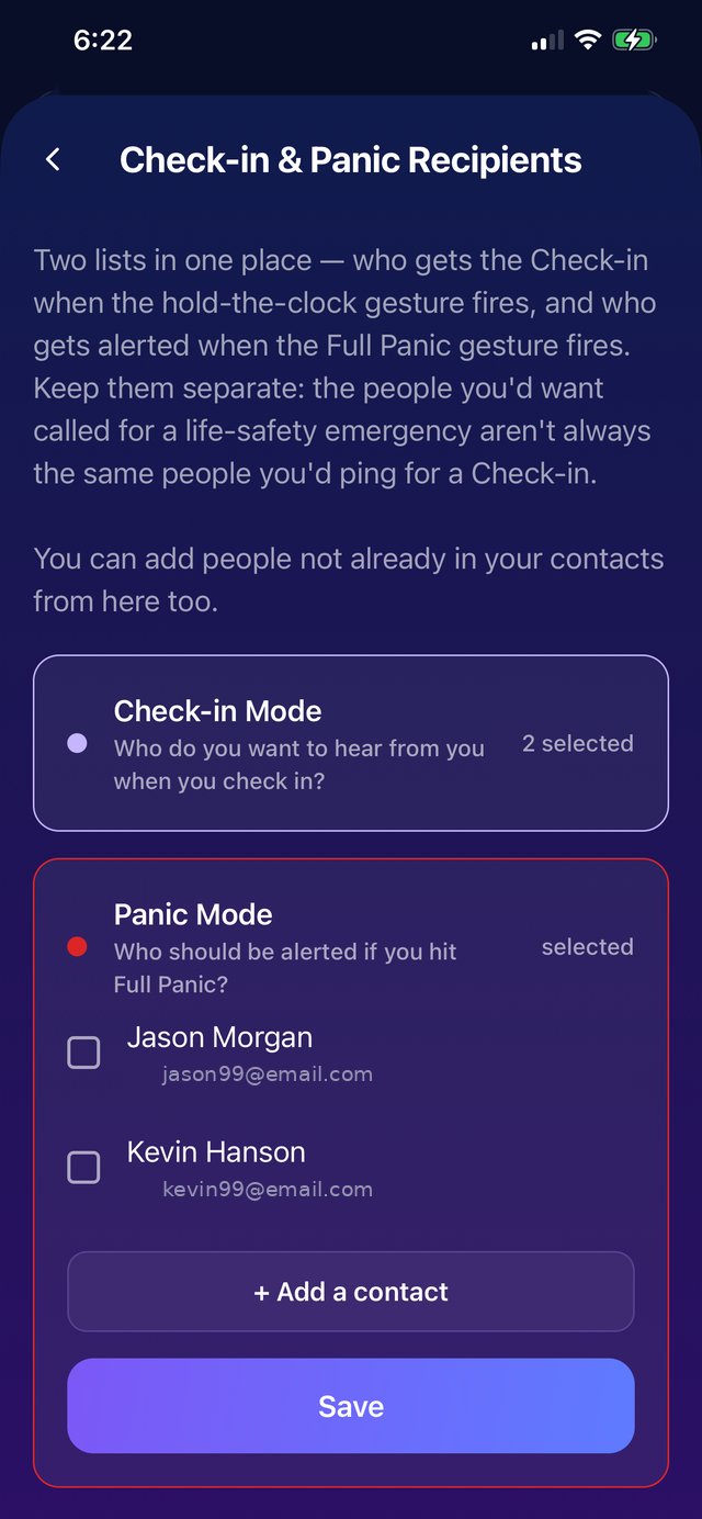 Panic mode expanded showing selectable panic recipients