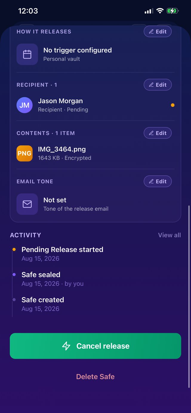 Safe detail during a pending release with the Cancel release button