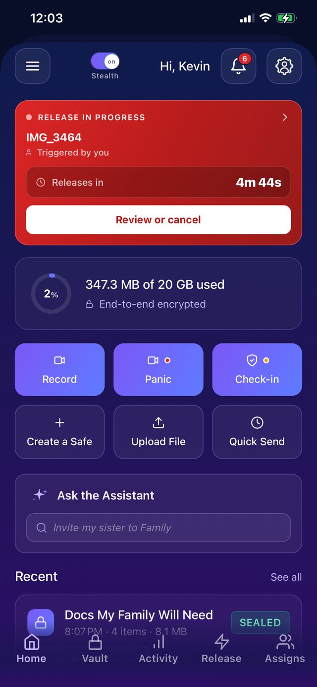 Home screen with a red Release in progress banner counting down, with Review or cancel
