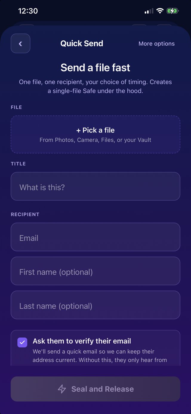 Quick Send form with file picker, title, and recipient fields