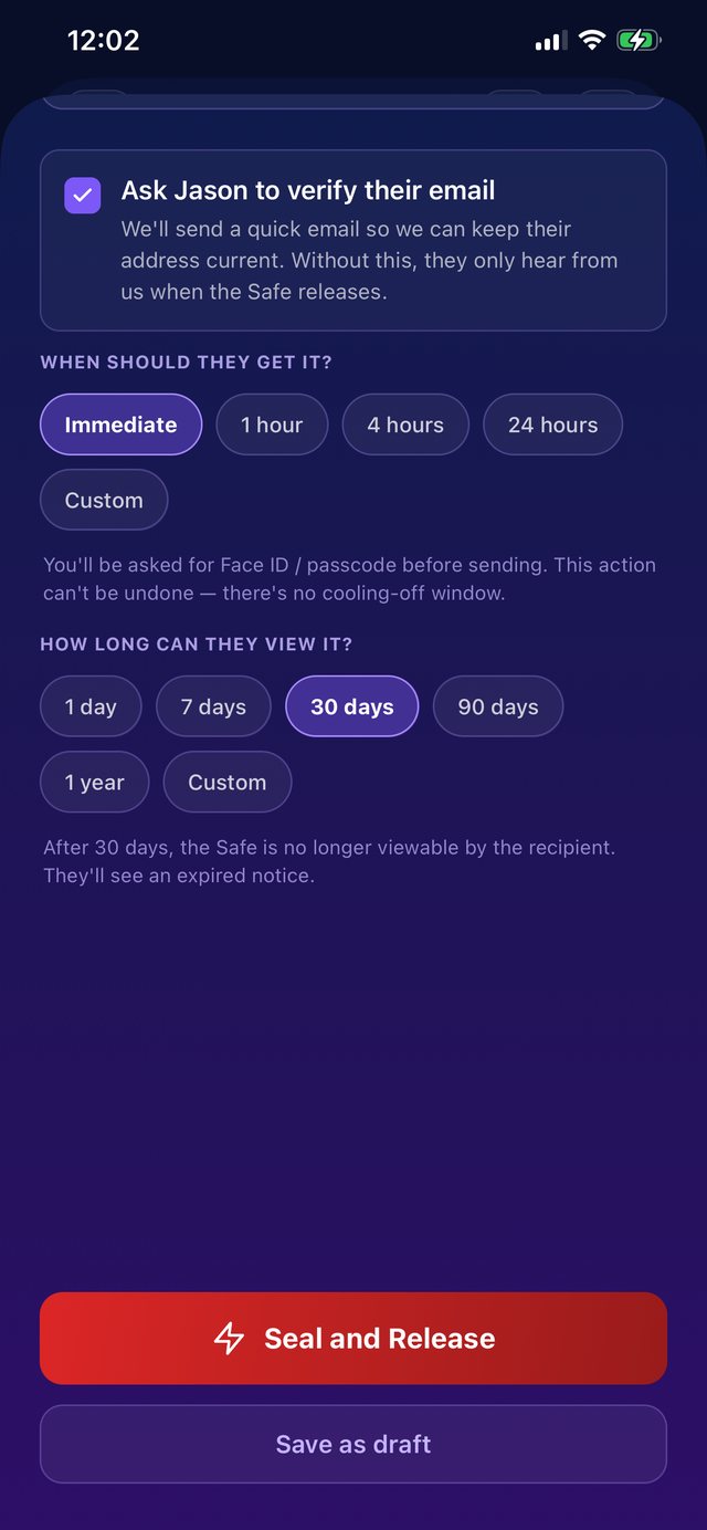 Quick Send timing options and viewing window with Seal and Release