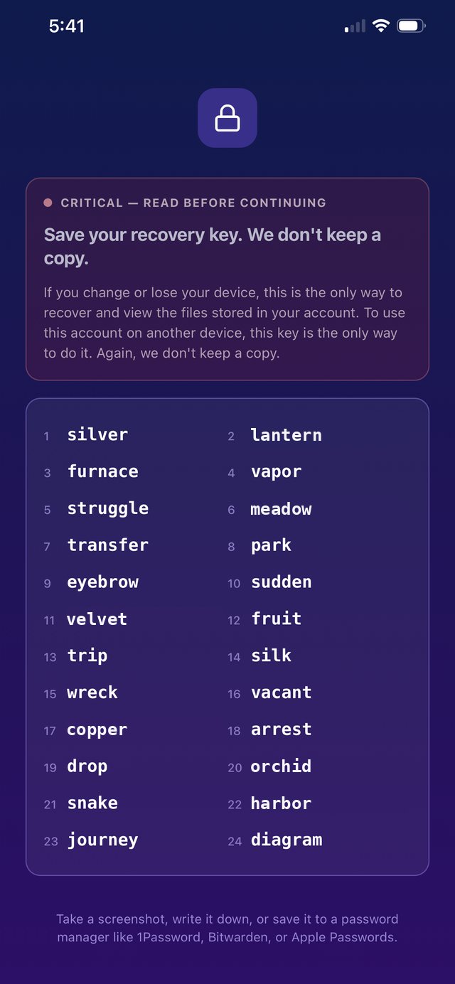 The recovery key screen (sample words shown, not a real key)