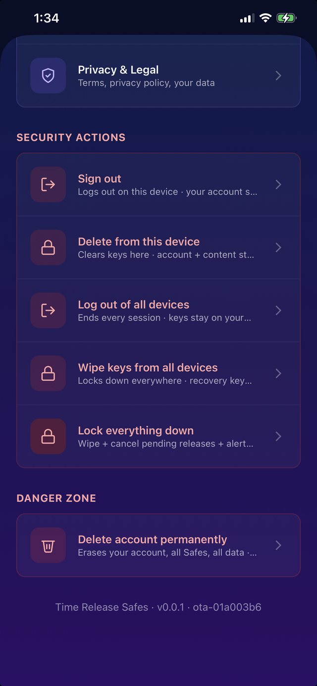 Settings showing the Security Actions list and the Danger Zone with Delete account permanently