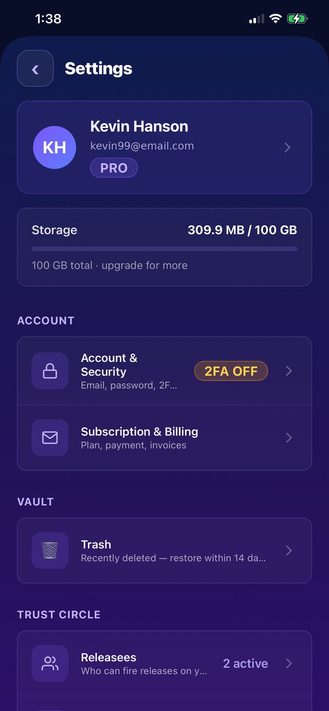 Settings showing the account card with plan badge and the Subscription & Billing row