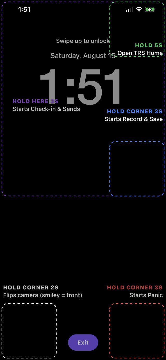 The full Stealth gesture map: Check-in, Record and Save, Panic, camera flip, and TRS Home hold zones
