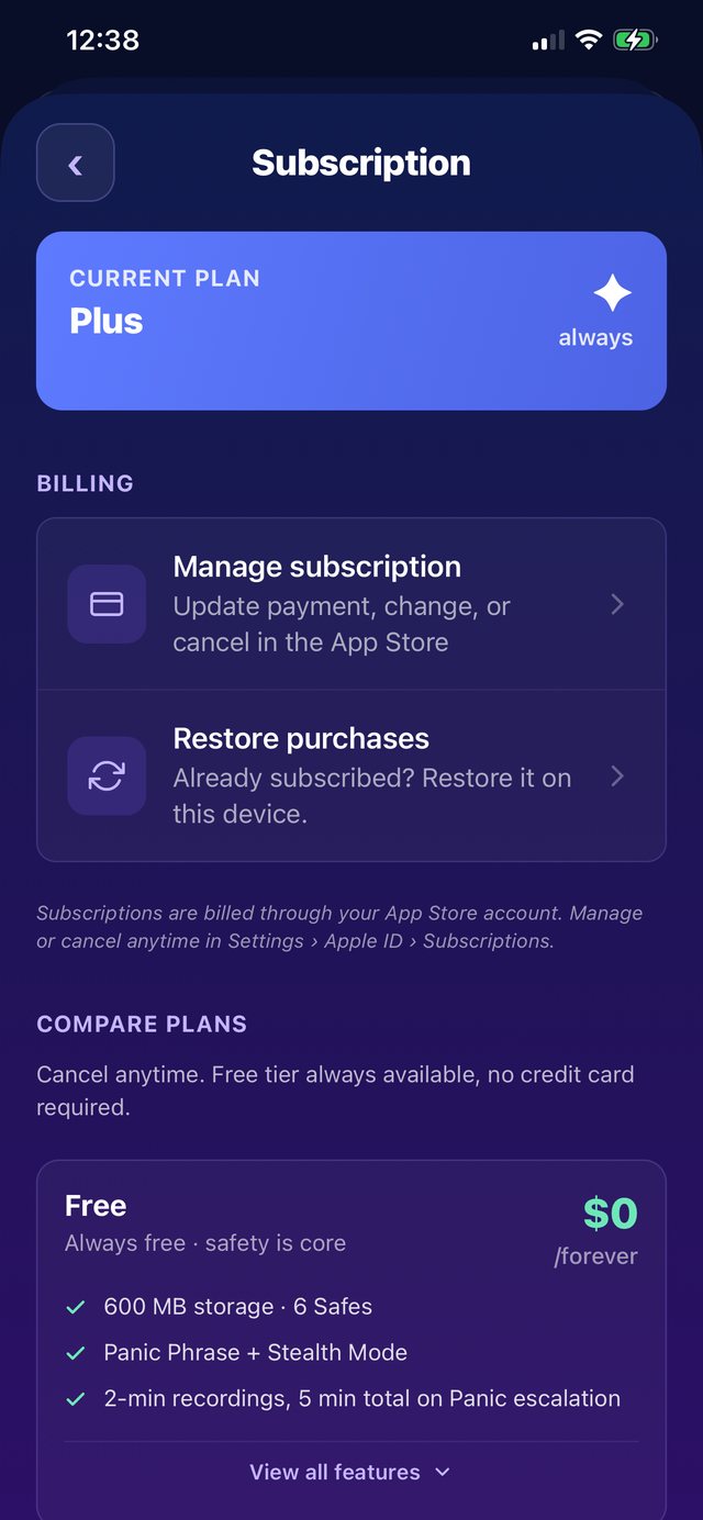 The Subscription screen with the current plan and plan comparison