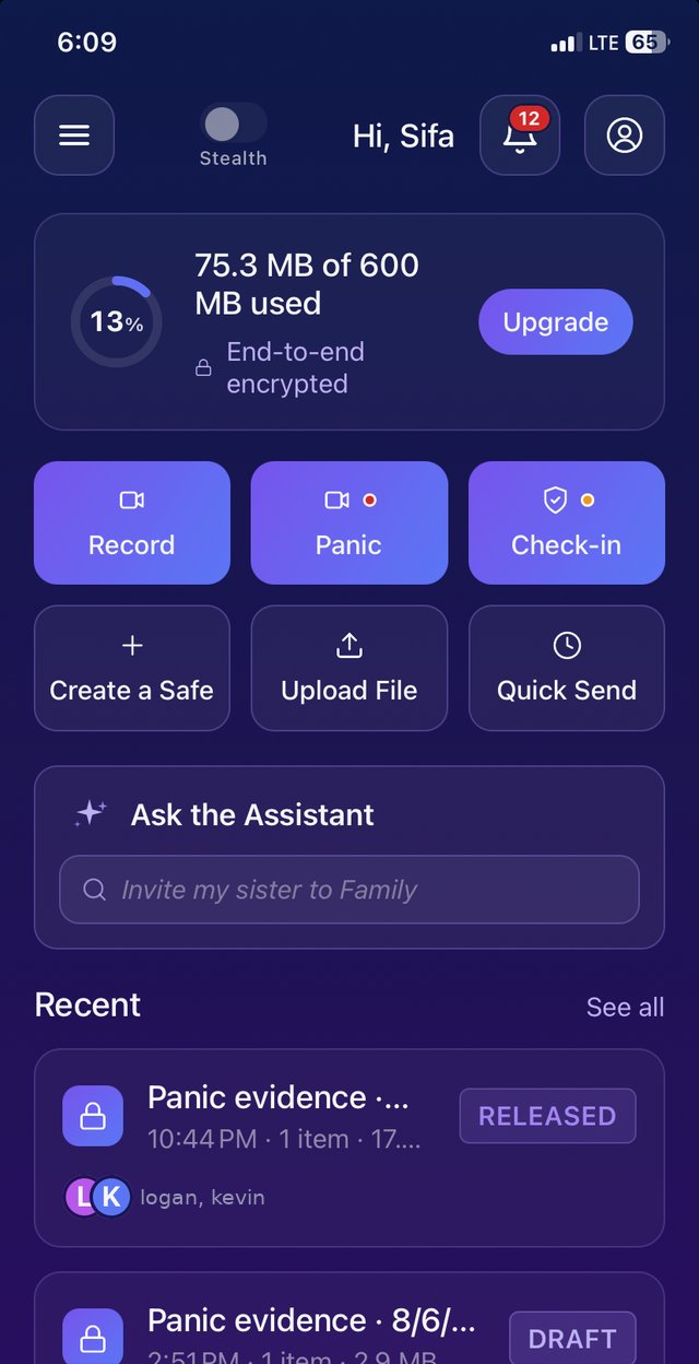 The home screen: Record, Panic and Check-in buttons above Create a Safe, Upload File and Quick Send