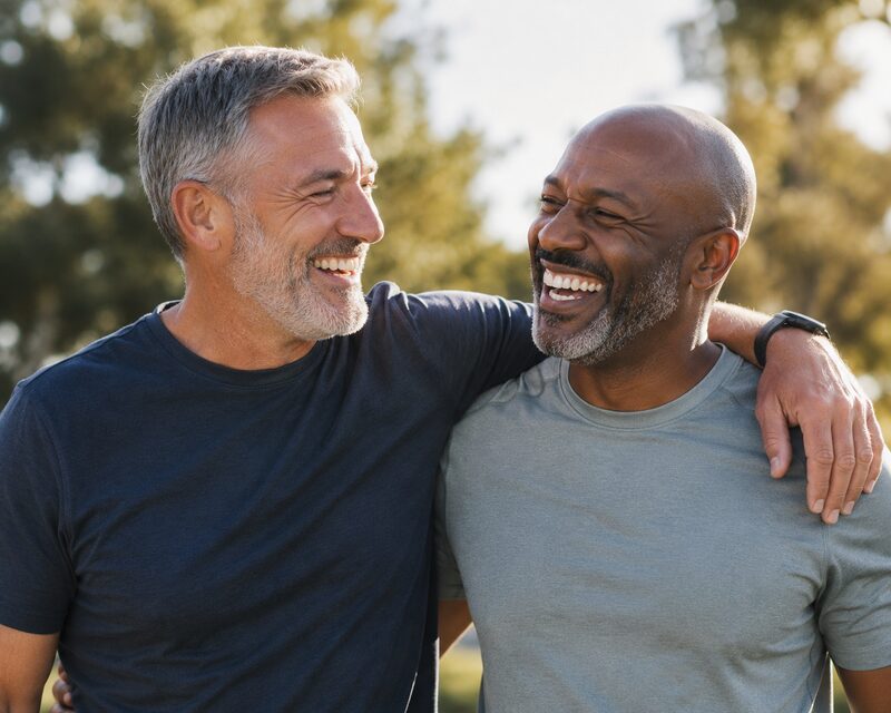 Two close friends laughing together, arms around each other's shoulders